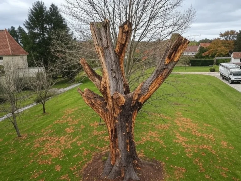 Vue d'un arbre gravement malade et dangereux nécessitant un abattage urgent pour prévenir tout risque de chute ou de propagation de maladies, illustrant notre service d'abattage sécurisé dans le Val d'Oise (95) - Abattage d'arbres - Élagage et Paysagiste Val-d'Oise (95).