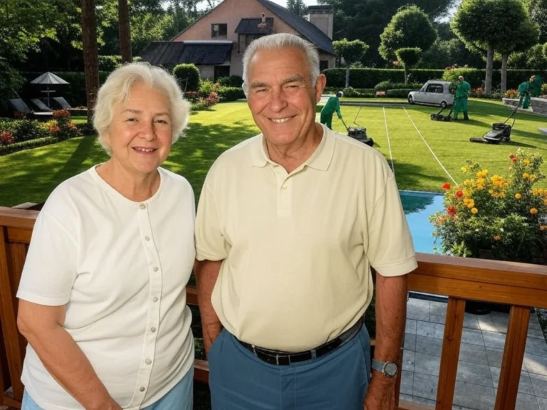 Un couple âgé souriant dans leur jardin, avec en arrière-plan des paysagistes en train de travailler, bénéficiant du crédit d'impôt pour l'entretien de leur espace vert - Crédit d'impôt - Élagage et Paysagiste Val-d'Oise (95).