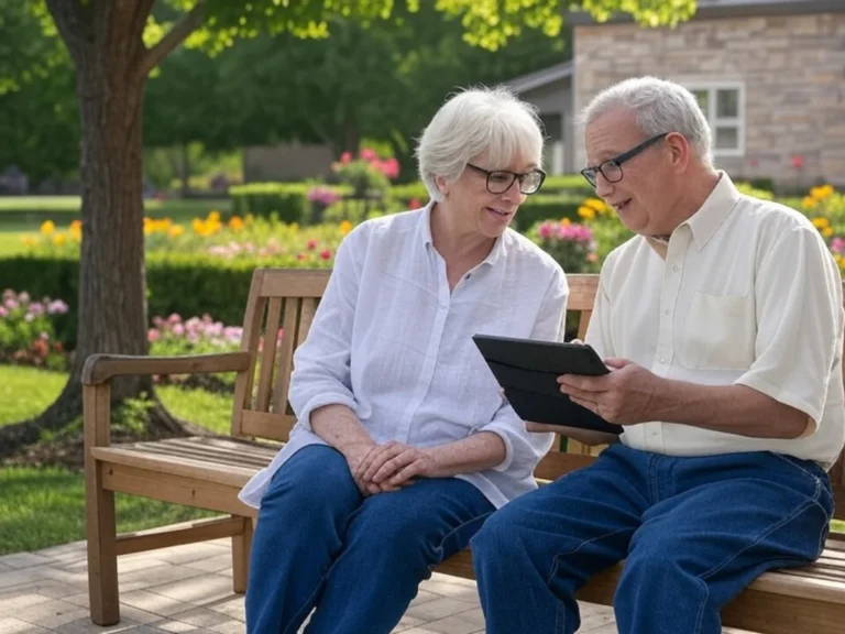Un couple âgé se renseigne sur le crédit d'impôt pour les services de jardinage sur un tablette, bénéficiant de réductions fiscales pour ses travaux d'entretien - Élagage et Paysagiste Val-d'Oise (95).