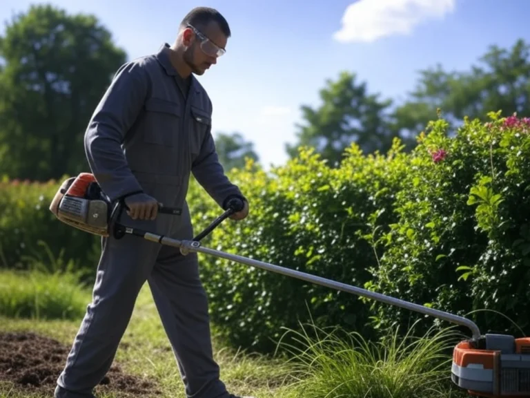 Vue d'un professionnel en train de débroussailler un terrain, illustrant notre service de débroussaillage pour un environnement propre et sécurisé dans le Val d'Oise (95) - Débroussaillage - Élagage et Paysagiste Val-d'Oise (95).