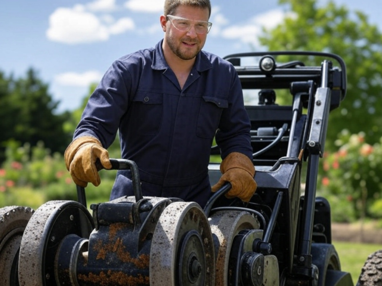 Vue d'un artisan en train d'utiliser une dessoucheuse professionnelle pour retirer une souche d'arbre, illustrant notre service de dessouchage et rognage de souches dans le Val d'Oise (95) - Dessouchage et rognage de souches - Élagage et Paysagiste Val-d'Oise (95).