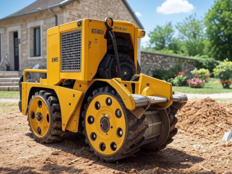 Vue d'une dessoucheuse professionnelle jaune en action, illustrant notre service de dessouchage et rognage de souches pour un terrain propre et sécurisé dans le Val d'Oise (95) - Dessouchage et rognage de souches - Élagage et Paysagiste Val-d'Oise (95).
