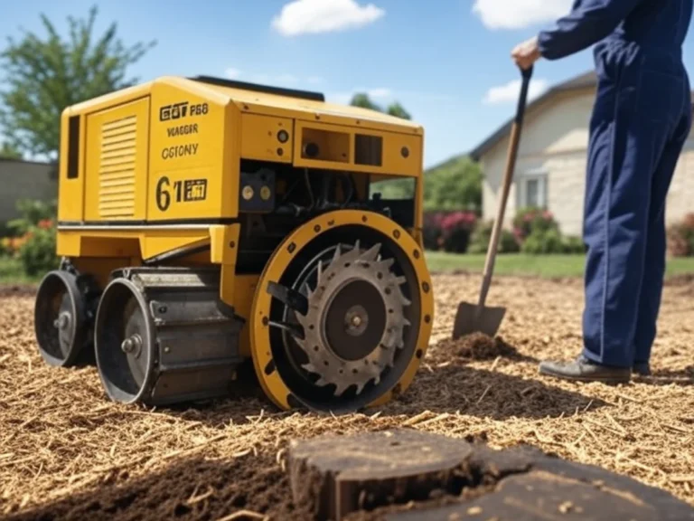 Vue d'une dessoucheuse jaune professionnelle en action, illustrant notre service de dessouchage et rognage de souches pour un terrain propre et sécurisé dans le Val d'Oise (95) - Dessouchage et rognage de souches - Élagage et Paysagiste Val-d'Oise (95).