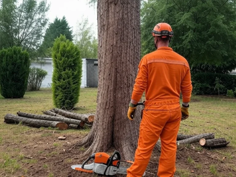 Vue de dos d'un élagueur en combinaison orange inspectant un arbre avant le travail d'élagage, équipé de matériel de sécurité et d'outils spécialisés - Élagage d'arbres - Élagage et Paysagiste Val-d'Oise (95).