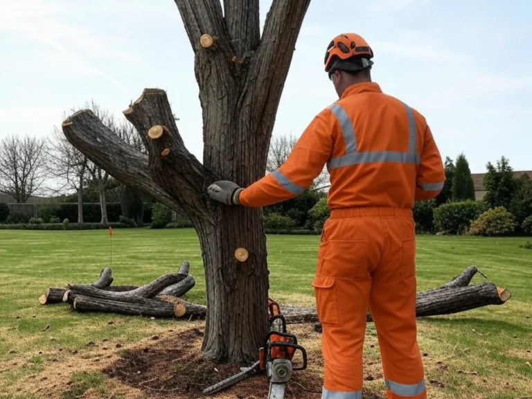 Vue d'un élagueur en combinaison orange en train d'élaguer un arbre, illustrant notre expertise dans l'entretien et la forme des arbres - Élagage d'arbres - Élagage et Paysagiste Val-d'Oise (95).