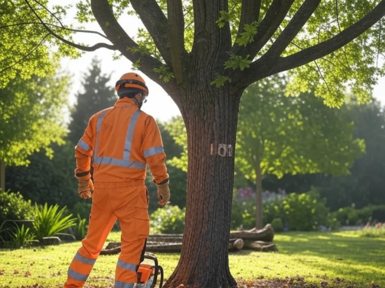 Vue d'un élagueur en combinaison orange en train d'élaguer un arbre, avec évacuation des déchets, illustrant notre service complet d'élagage et gestion des déchets dans le Val d'Oise (95) - Élagage d'arbres - Élagage et Paysagiste Val-d'Oise (95).