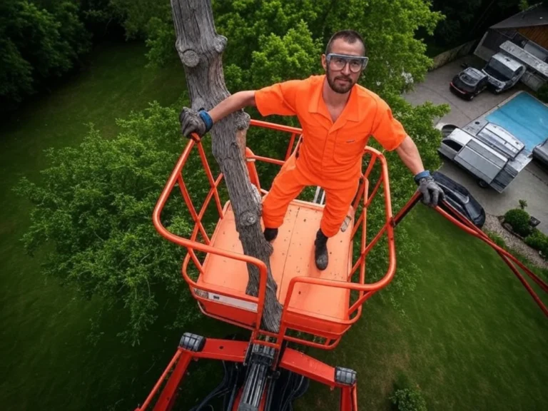 Vue d'un élagueur utilisant une nacelle pour élaguer un arbre, illustrant notre expertise dans l'entretien des arbres en hauteur avec sécurité et efficacité - Élagage d'arbres - Élagage et Paysagiste Val-d'Oise (95).