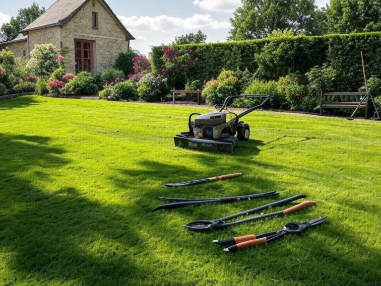 Vue d'un gazon fraîchement tondu, symbole de notre expertise en entretien de jardins et espaces verts dans le Val d'Oise (95) - Élagage et Paysagiste Val-d'Oise (95).