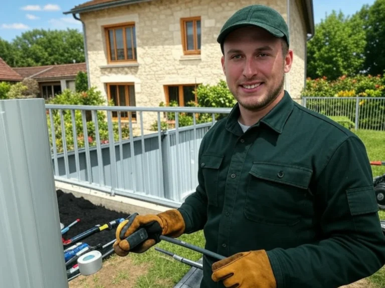 Vue d'un artisan en train d'installer une clôture en aluminium de luxe, illustrant notre service d'installation de clôtures pour un environnement sécurisé et esthétique dans le Val d'Oise (95) - Installation Barrieres & Clotures - Élagage et Paysagiste Val-d'Oise (95).