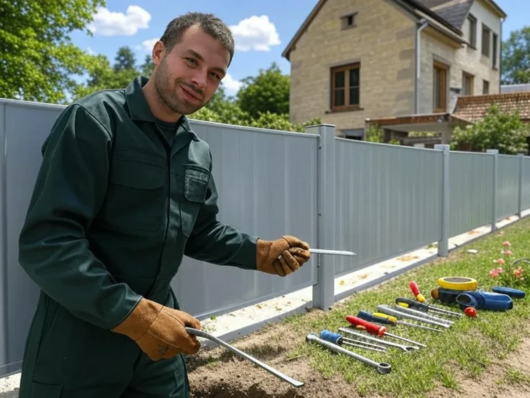 Vue d'un artisan en train d'installer une clôture en aluminium dans une cour, illustrant notre service d'installation de clôtures pour un environnement sécurisé et esthétique dans le Val d'Oise (95) - Installation Barrieres & Clotures - Élagage et Paysagiste Val-d'Oise (95).