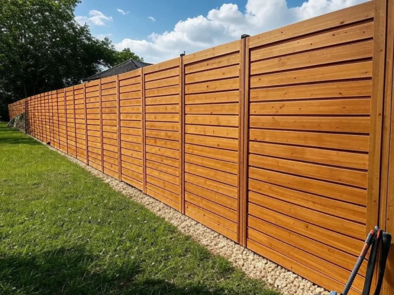 Vue d'une clôture en bois récemment installée, illustrant notre service d'installation de clôtures pour un environnement sécurisé et esthétique dans le Val d'Oise (95) - Installation de clôtures - Élagage et Paysagiste Val-d'Oise (95).