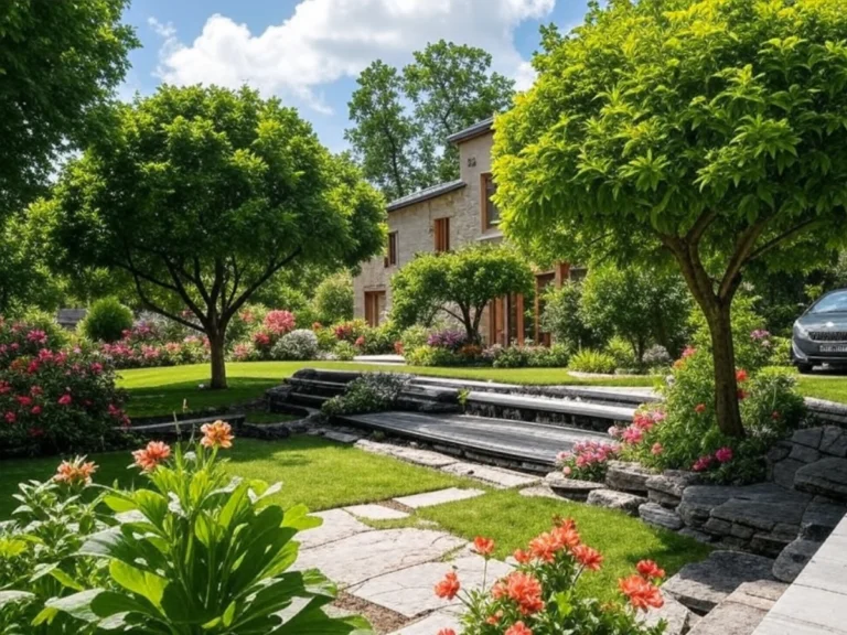 Jardin bien entretenu avec arbres sains, pelouse soignée, fleurs et maison en arrière-plan, illustrant nos services d'élagage et paysagisme - Élagage et Paysagiste Val-d'Oise (95).