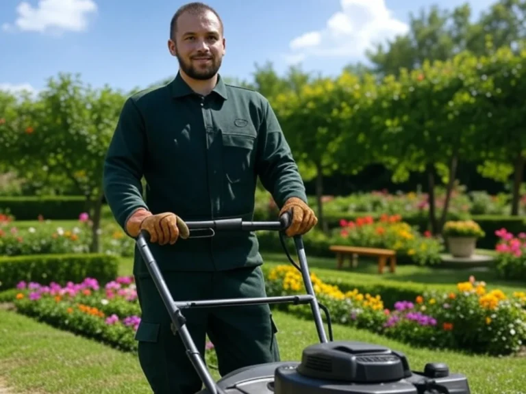 : Vue d'un paysagiste en train de tondre un gazon dans un jardin, illustrant notre service d'entretien de jardins et espaces verts dans le Val d'Oise (95) - Paysagiste ; Entretien de jardin et d'espaces verts - Élagage et Paysagiste Val-d'Oise (95).