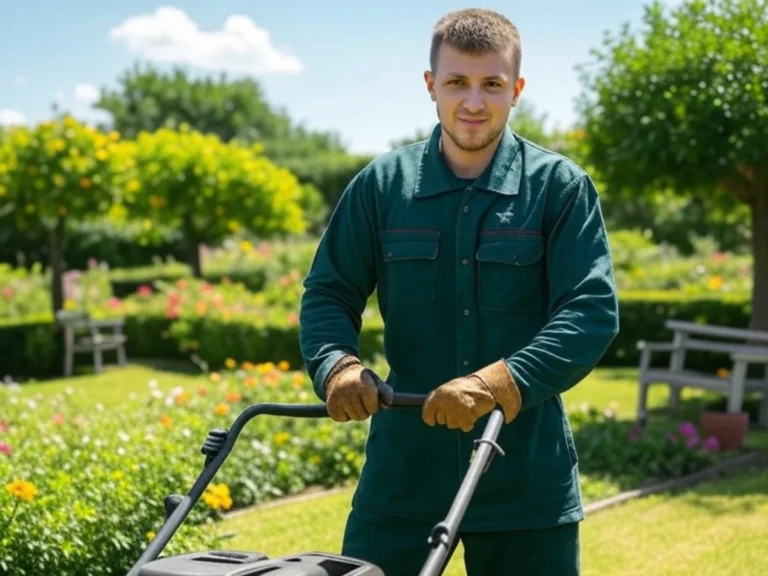 Vue d'un jeune paysagiste en train d'entretenir un jardin, illustrant notre service d'entretien de jardins et espaces verts dans le Val d'Oise (95) - Paysagiste ; Entretien de jardin et d'espaces verts - Élagage et Paysagiste Val-d'Oise (95).