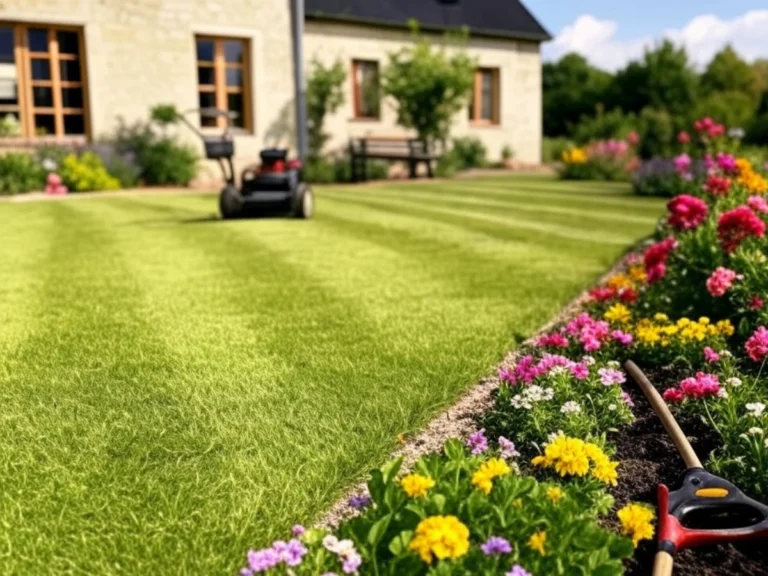Vue d'un jardin impeccablement entretenu avec un gazon bien tondu, des fleurs colorées et un environnement soigné, illustrant notre expertise en entretien de jardins et espaces verts dans le Val d'Oise (95) - Paysagiste ; Entretien de jardin et d'espaces verts - Élagage et Paysagiste Val-d'Oise (95).