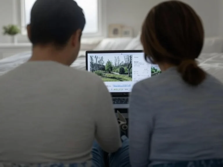 Un jeune couple consulte les tarifs et prix de nos services d'élagage et paysagisme sur un ordinateur portable dans leur chambre, bénéficiant d'une transparence totale - Tarifs et Prix - Élagage et Paysagiste Val-d'Oise (95).