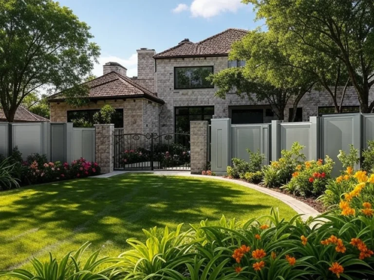 Maison de la région avec un jardin impeccable, gazon tondu, fleurs colorées, arbres sains et clôture en aluminium de luxe, illustrant nos services d'élagage et paysagisme - Prix et Tarifs - Élagage et Paysagiste Val-d'Oise (95).