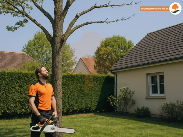 ardinier en tenue de sécurité inspectant un arbre fraîchement élagué dans un jardin du Val-d’Oise.