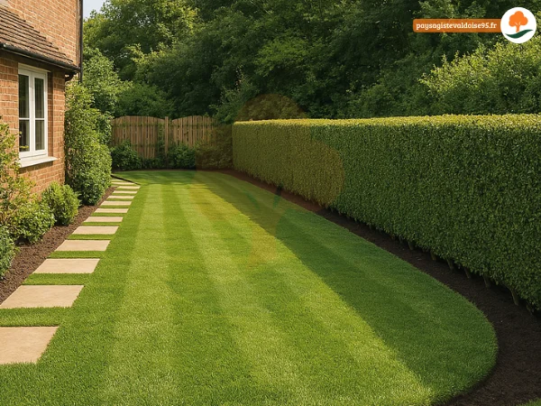 Jardin résidentiel avec pelouse fraîchement tondue et haie taillée, dans le Val-d’Oise.