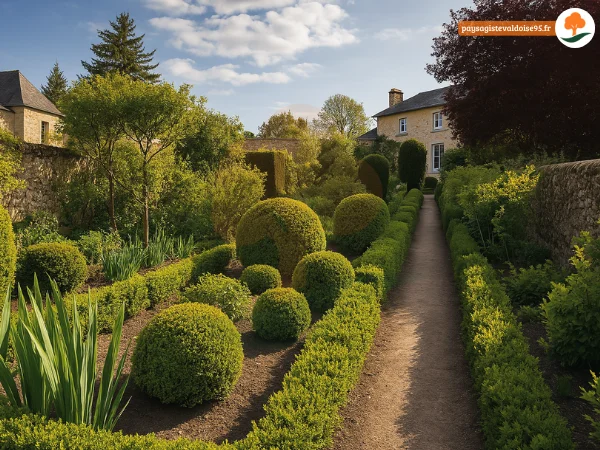 Jardin structuré avec buissons taillés et allées délimitées menant à une maison en pierre dans le Val-d’Oise.