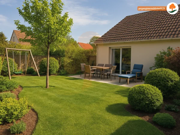 Jardin familial avec pelouse, mobilier d’extérieur et balançoire, conçu pour le confort quotidien.