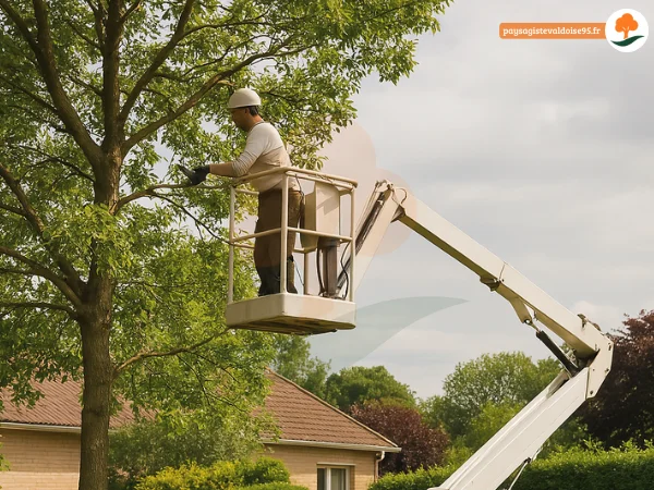 Arboriste professionnel en train d’élaguer un arbre à l’aide d’une nacelle dans un jardin résidentiel du Val-d’Oise.